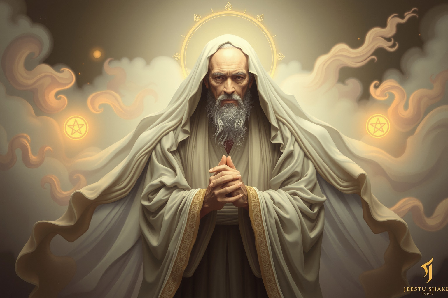 Il patriarca che prega simboleggia guida spirituale e protezione familiare.