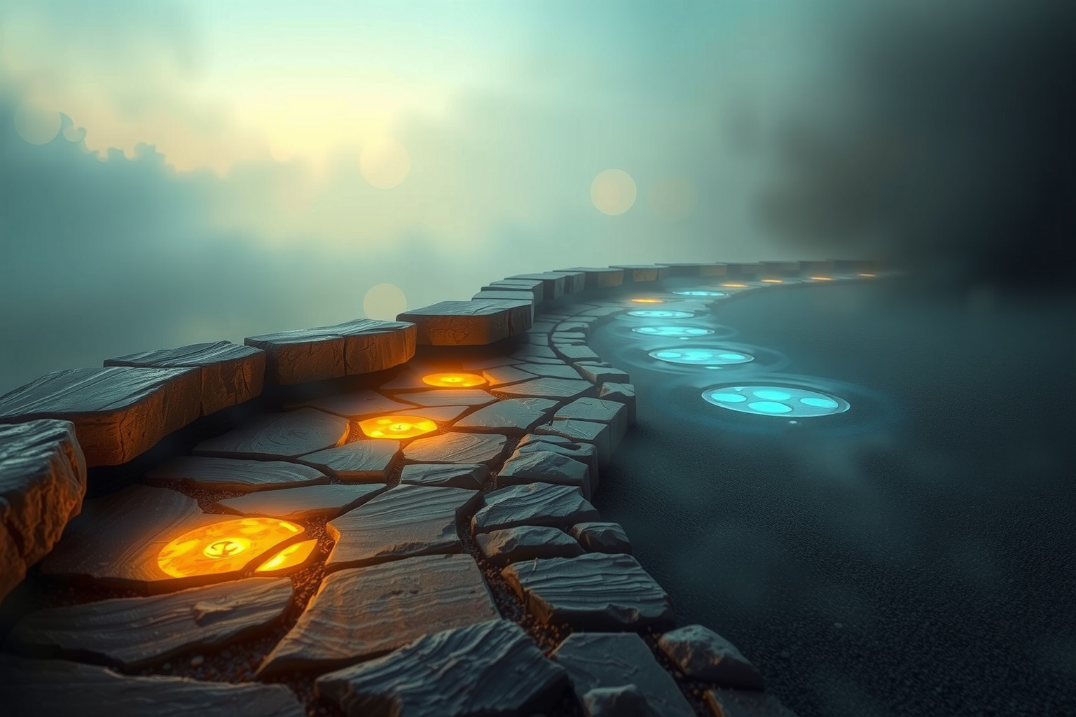 La pavimentazione in pietra simboleggia stabilità in territori misteriosi.