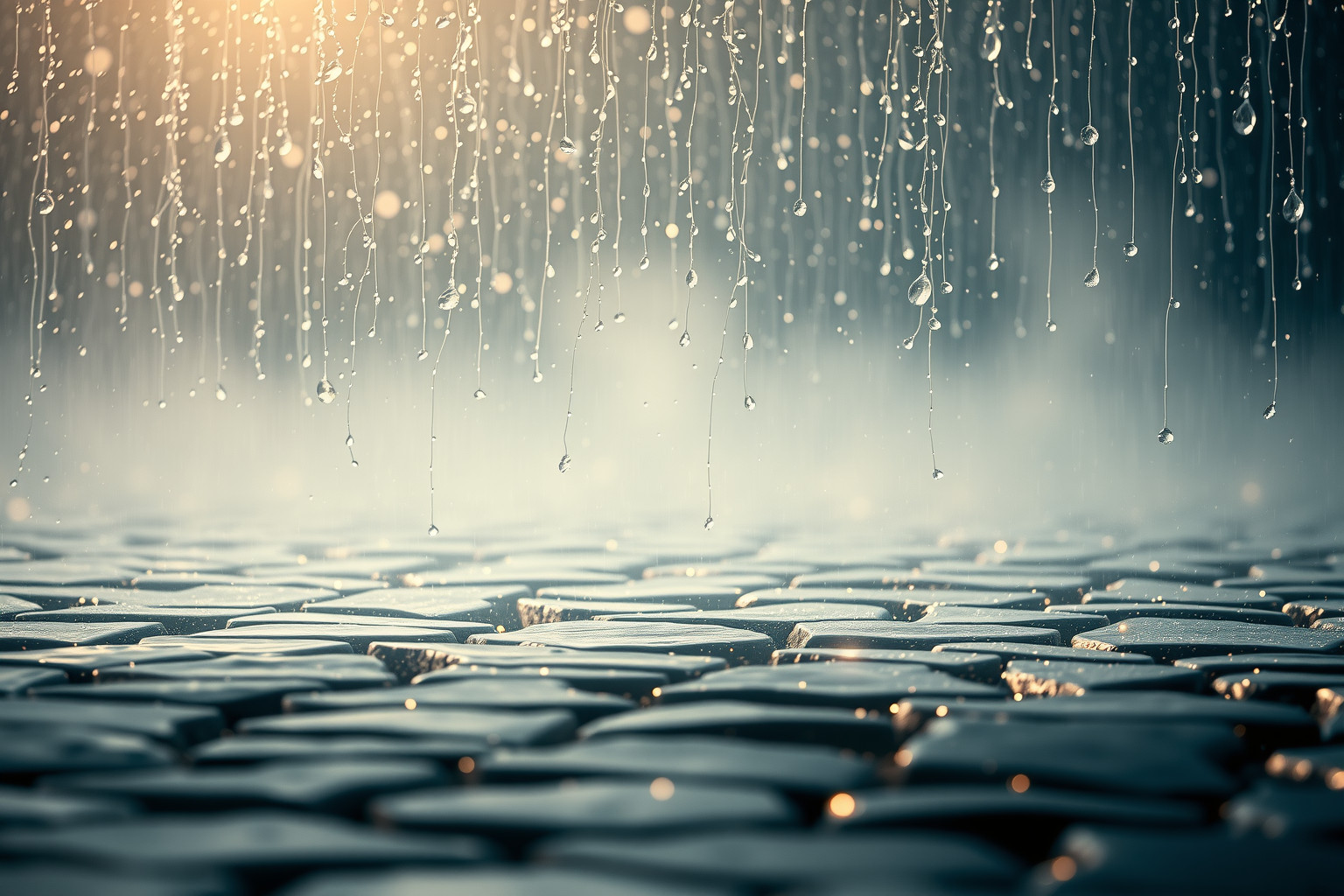 La pavimentazione in pietra sotto la pioggia simboleggia stabilità emotiva.