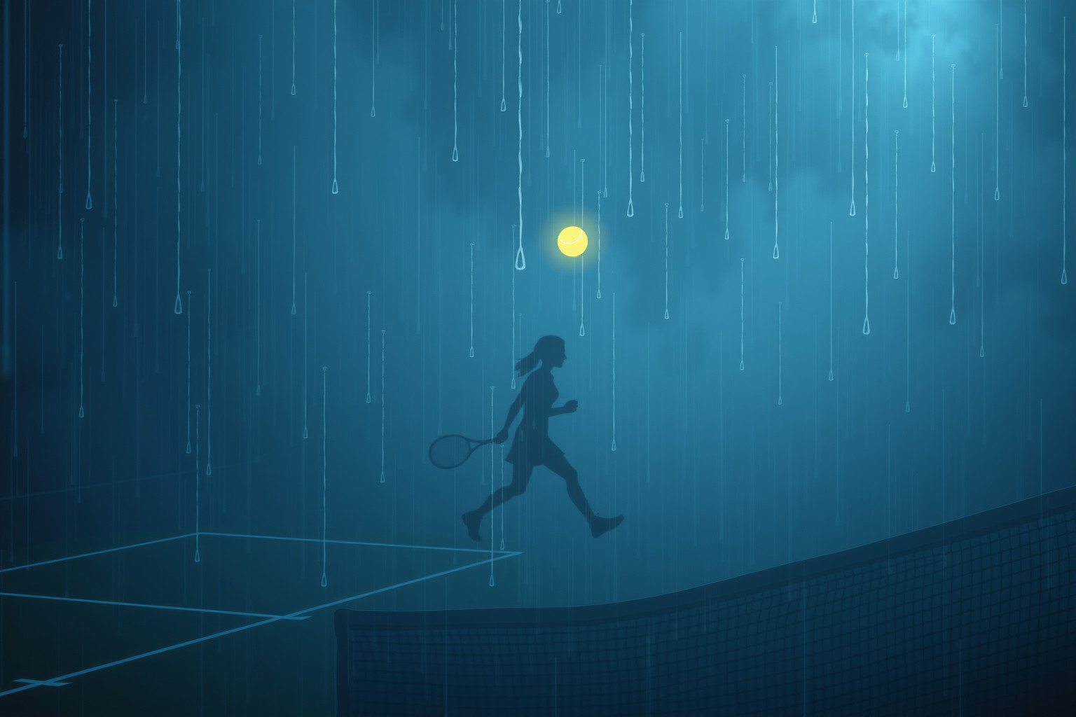 Giocare a tennis sotto la pioggia simboleggia sfide impreviste.
