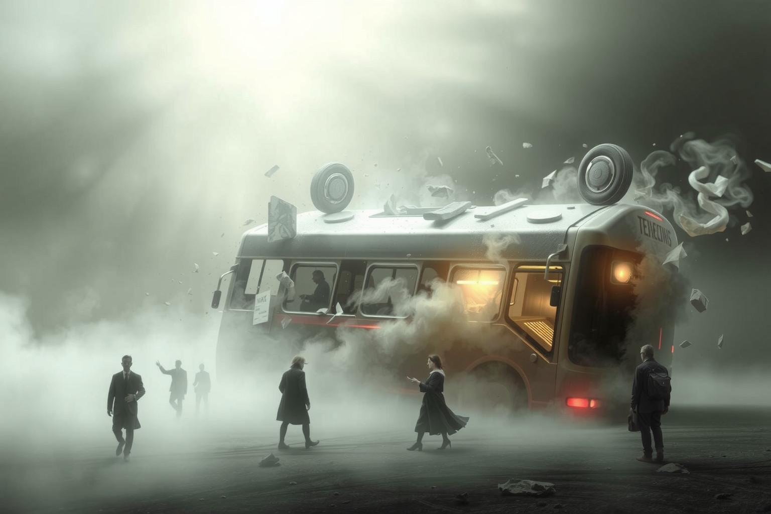 Sognare un autobus ribaltato simboleggia perdita di guida collettiva.