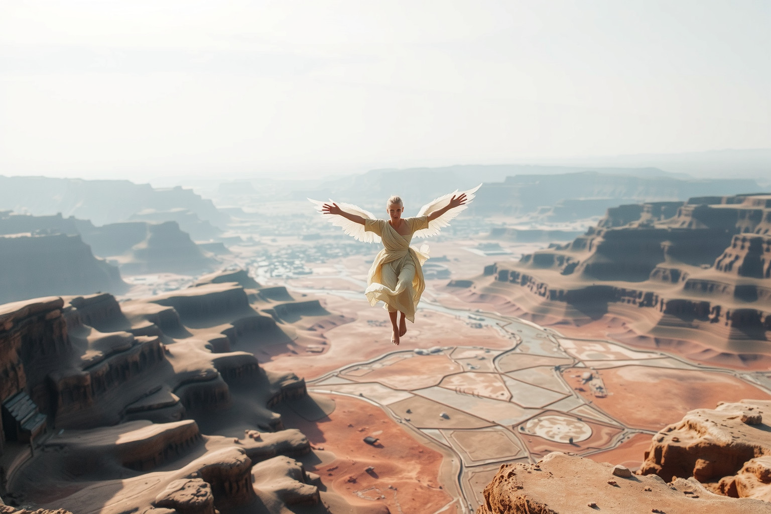 Volare su paesaggi preistorici simboleggia fuga e nuova prospettiva.