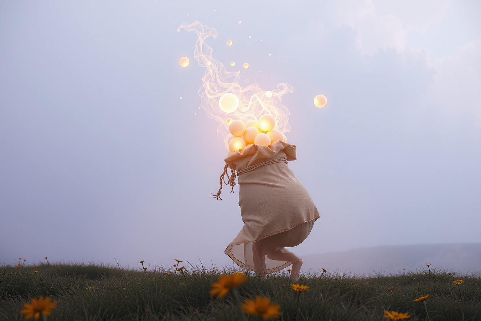 Trascinare un sacco pieno simboleggia fardelli emotivi e responsabilità.