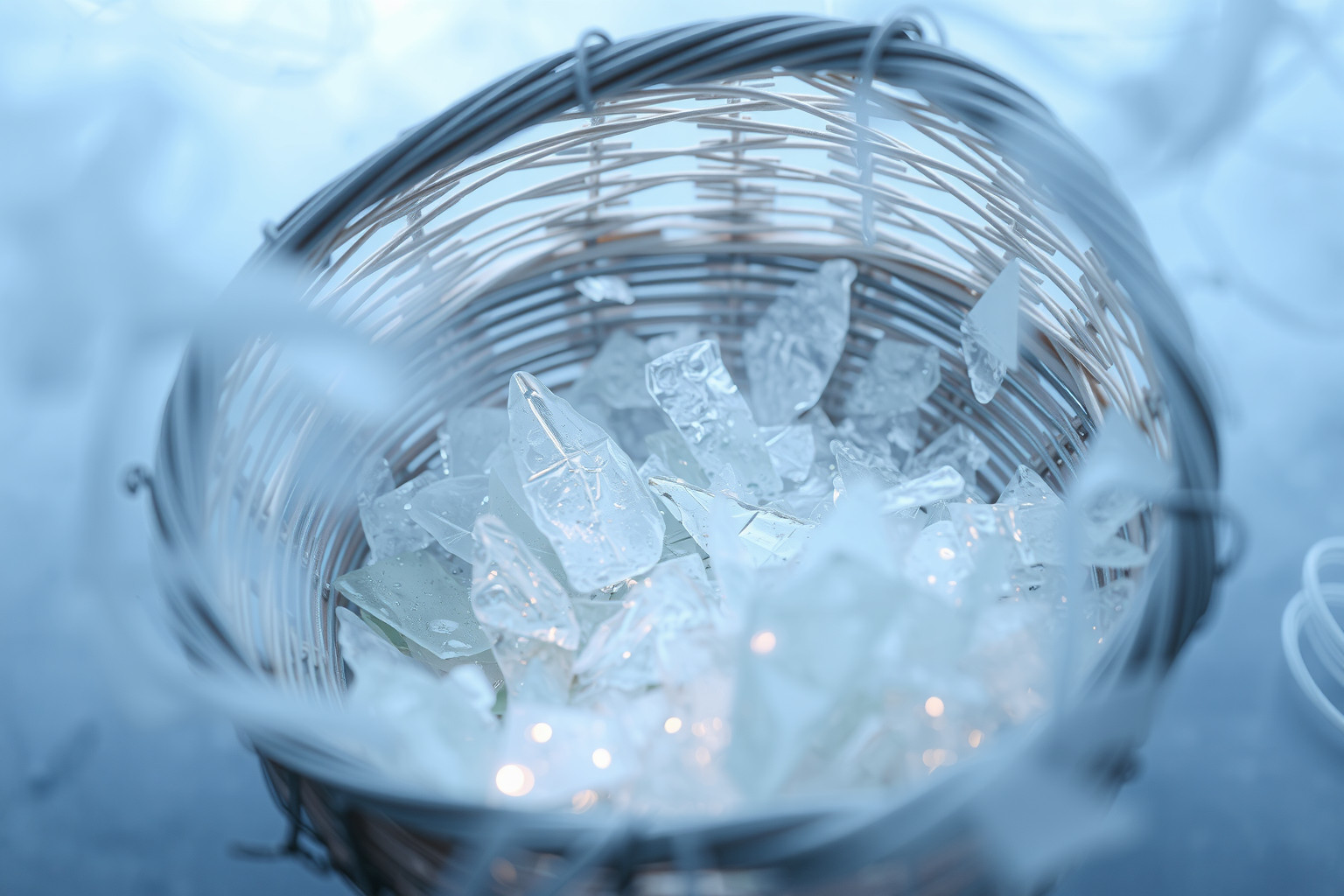 Un cestino pieno di vetro simboleggia fragilità emotiva nascosta.