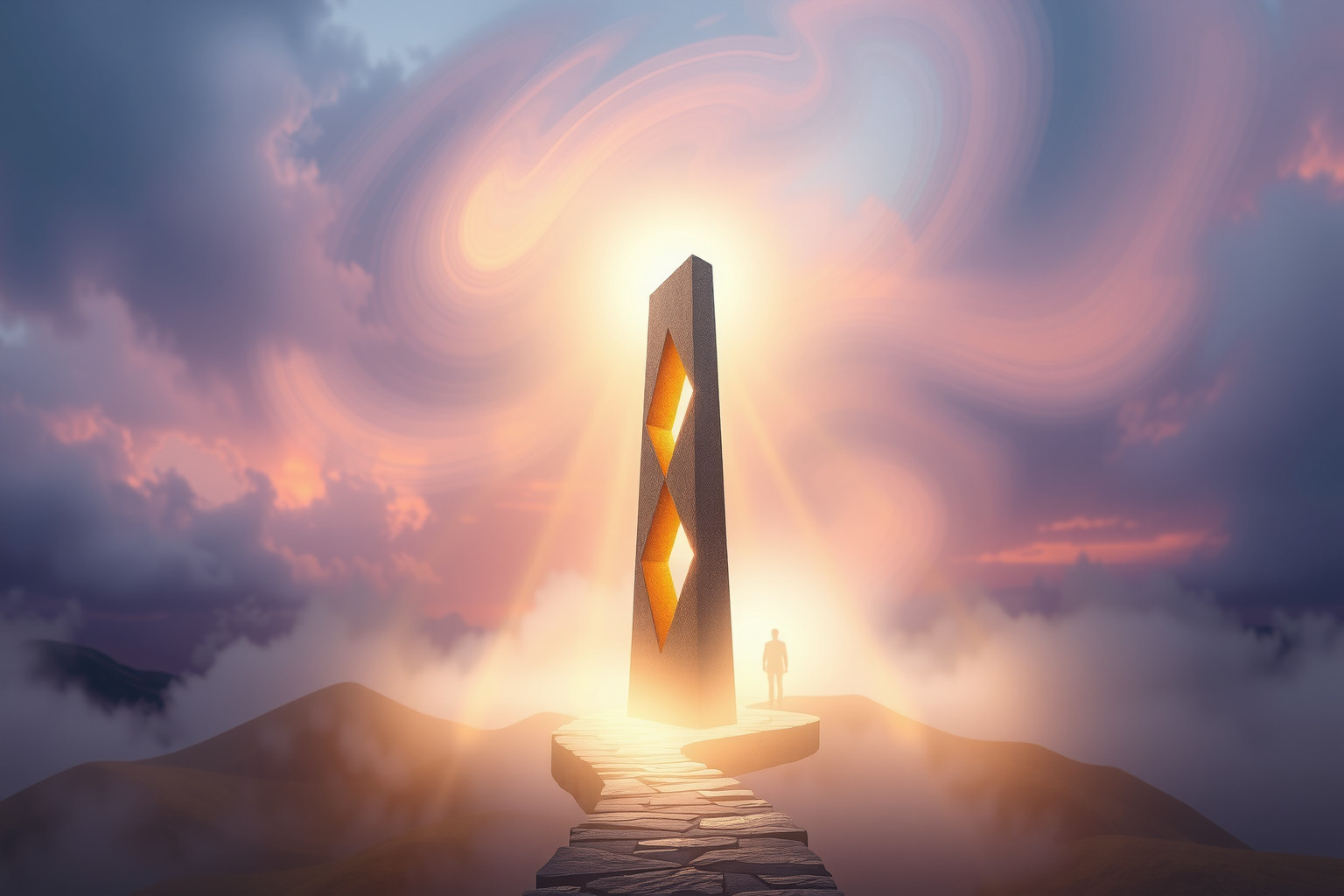 Un cippo chilometrico rotto simboleggia un percorso interrotto o ostacoli.