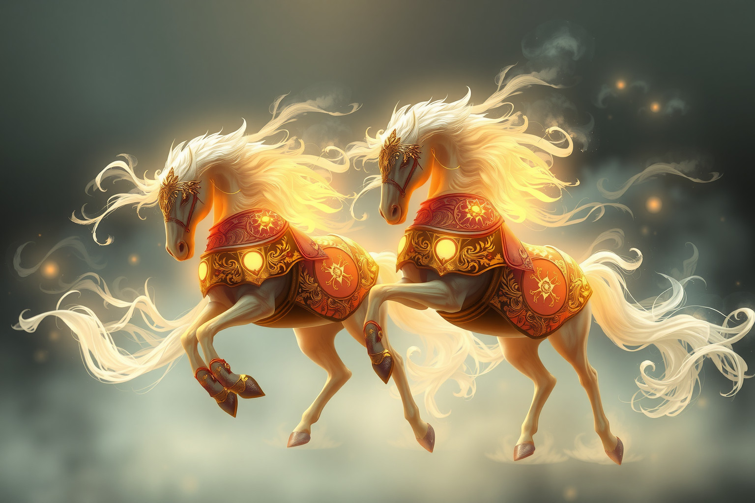 La coppia di cavalli bardati simboleggia forza e protezione in guerra.