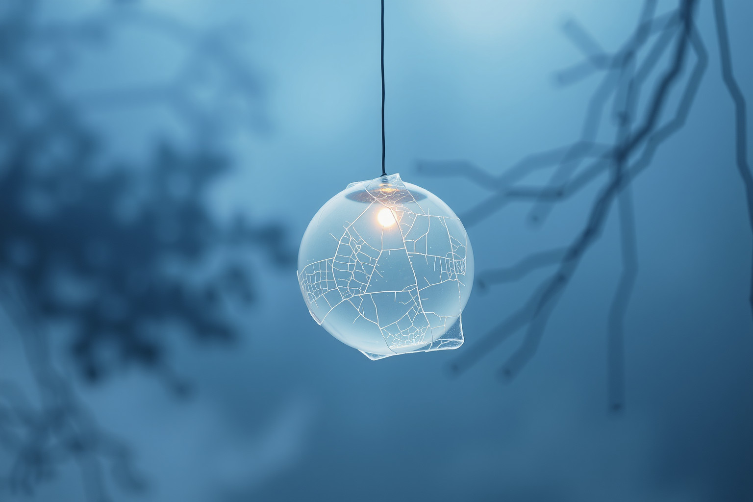 Le fessure nel vetro simboleggiano fragilità emotiva nascosta.