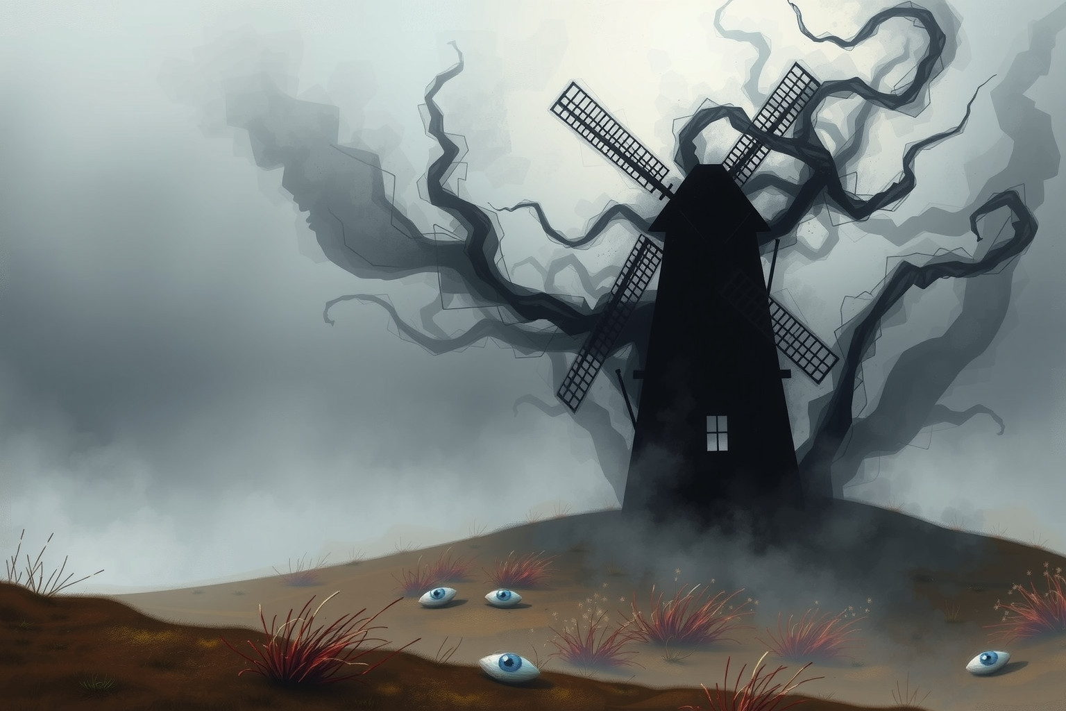 Il mulino a vento nero simboleggia paure oscure e conflitti interiori.
