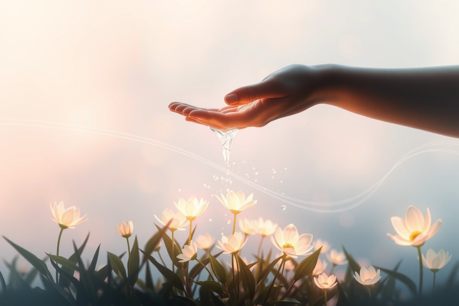 Innaffiare un giardino fiorito simboleggia crescita e cura personale.