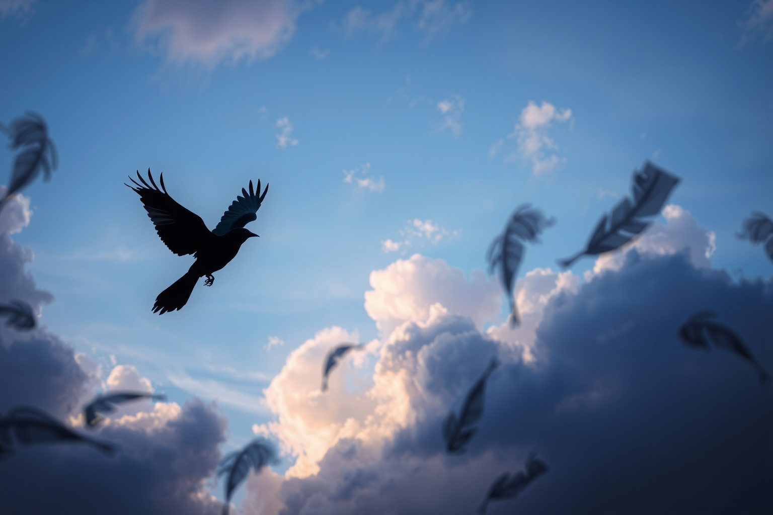 Il merlo che vola simboleggia libertà, speranze e trasformazione interiore.