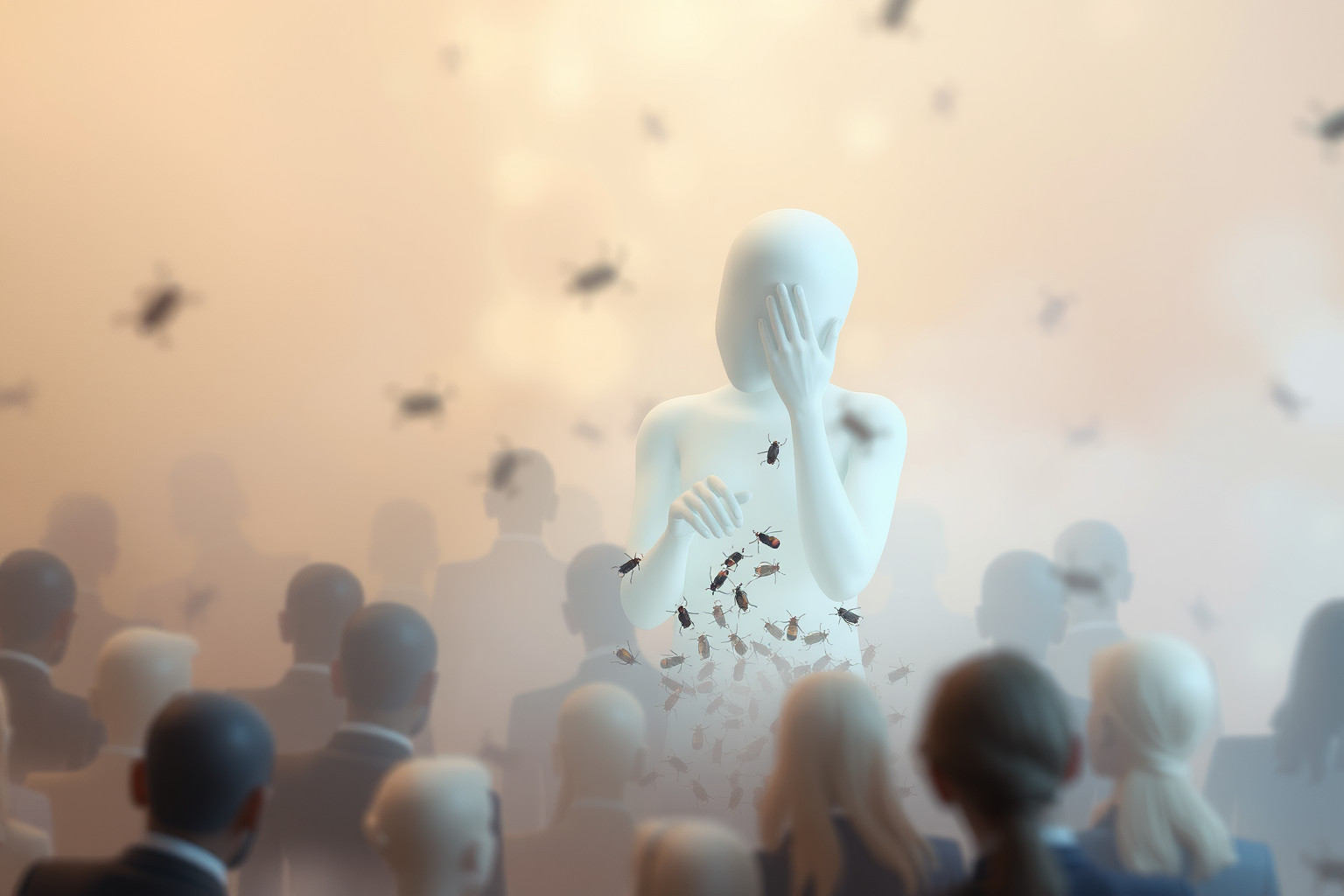 Sognare pidocchi in pubblico riflette ansia da giudizio sociale.