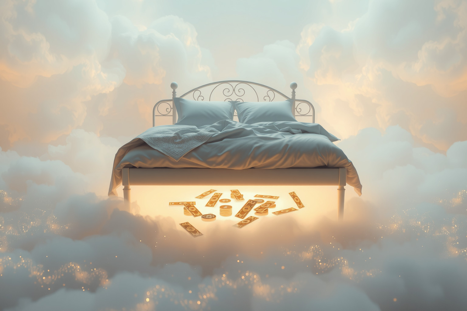 Sognare soldi sotto il letto coniugale simboleggia prosperità nascosta.