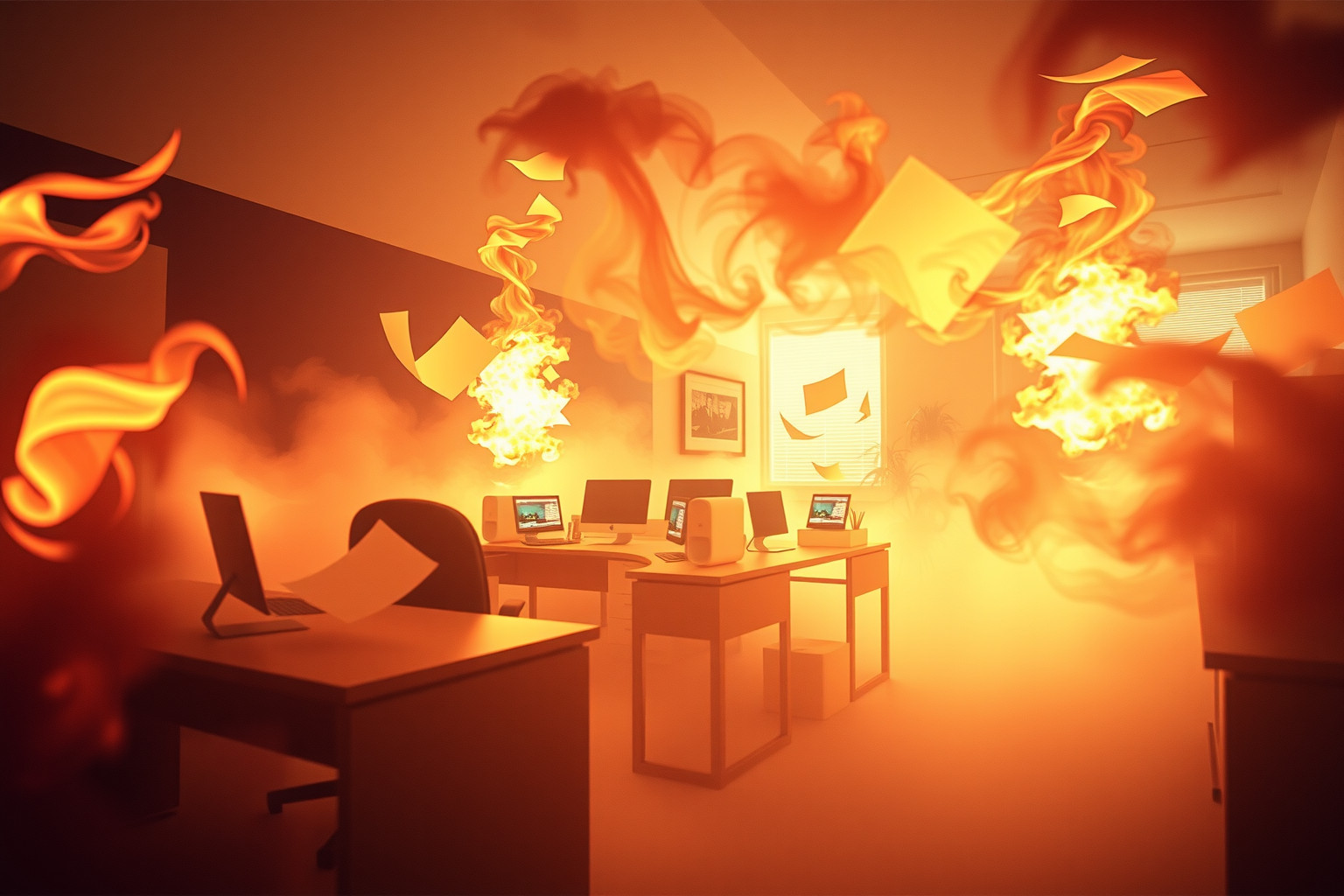 Sognare un incendio in ufficio indica stress e cambiamenti imminenti.