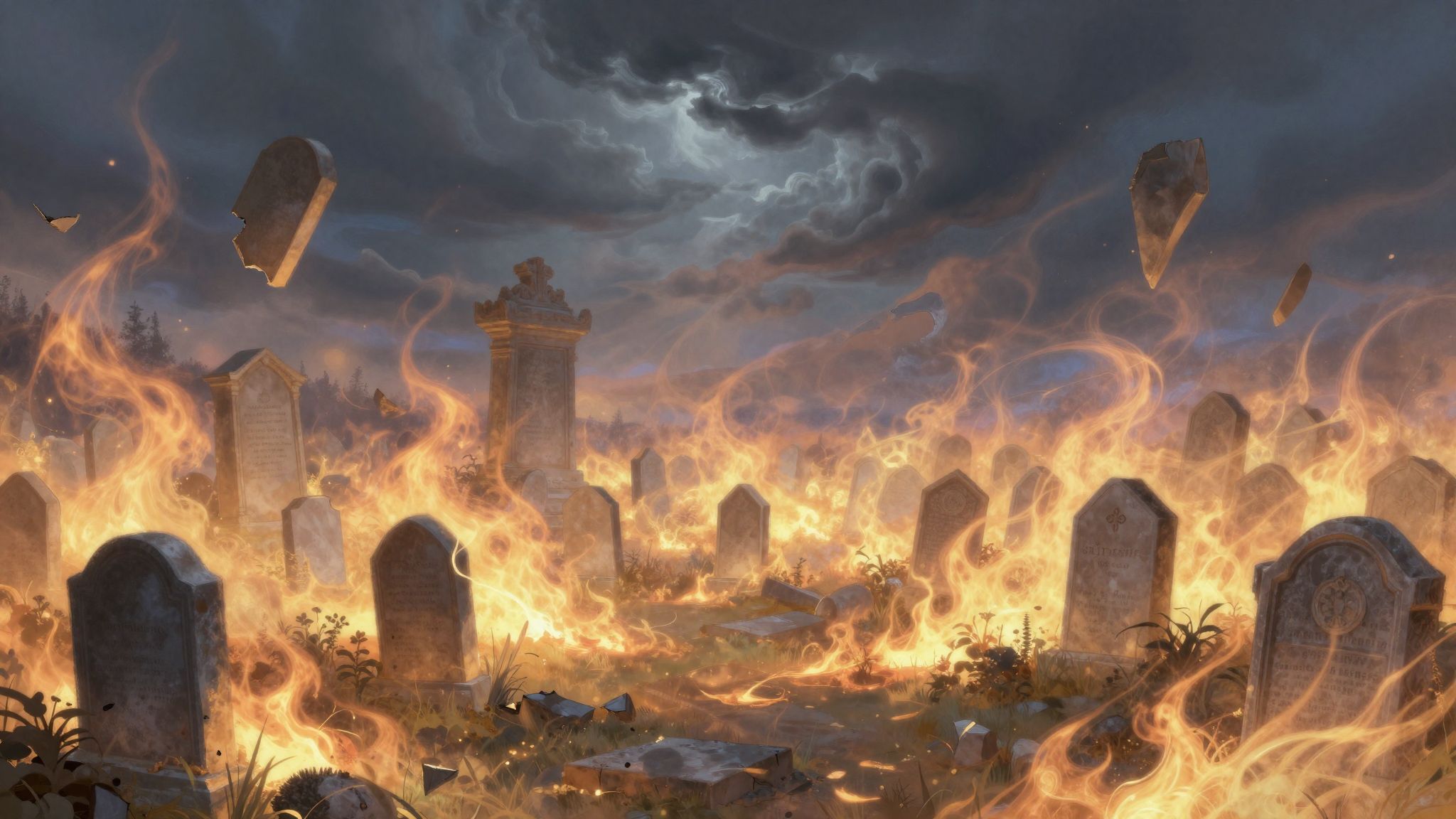 Sognare un cimitero sacro in fiamme simboleggia radicali cambiamenti interiori.
