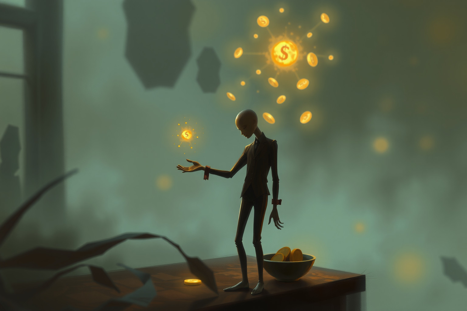 Il cameriere conta soldi in luogo squallido simboleggia insicurezza finanziaria.