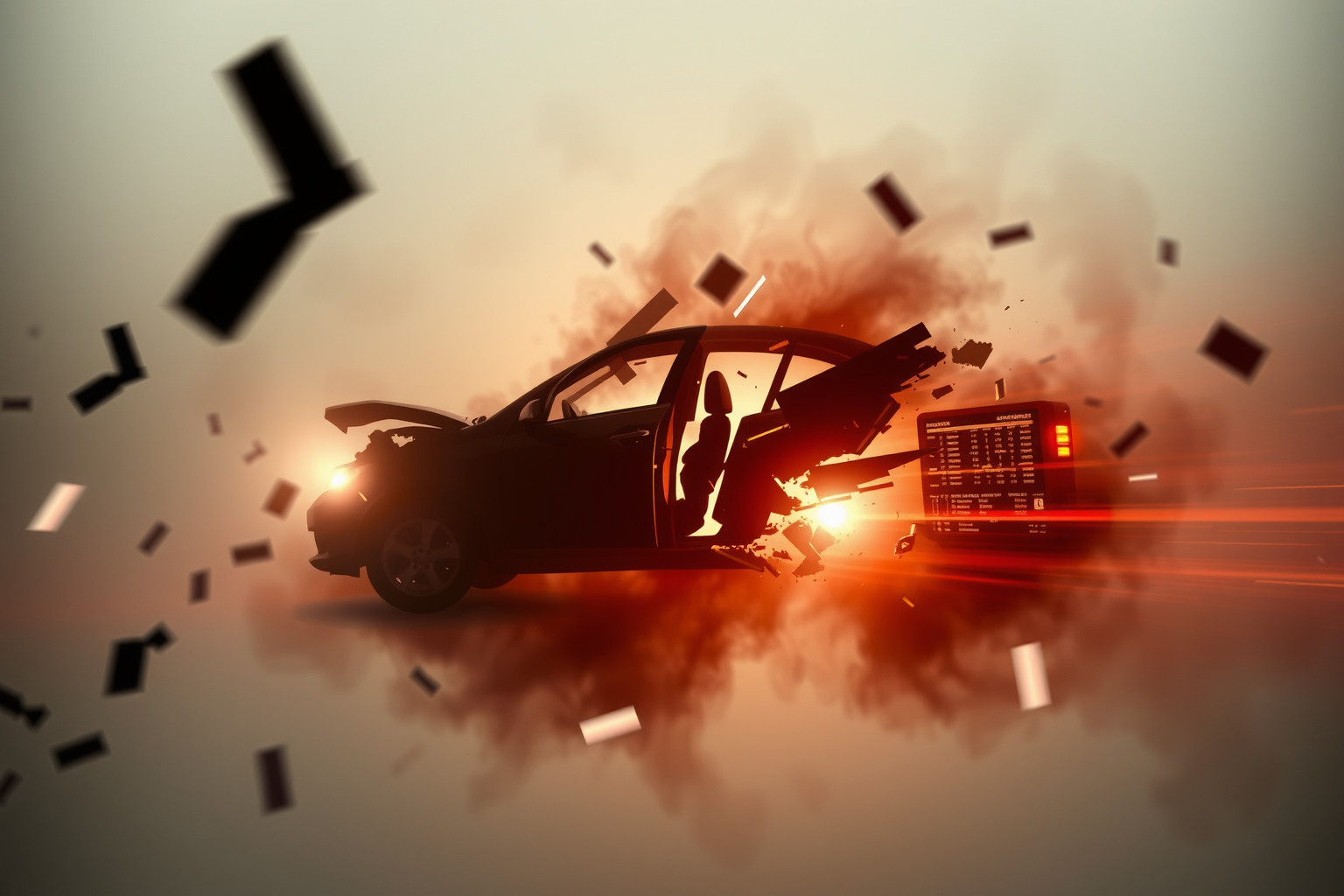 Sognare un incidente d'auto riflette paure di perdita di controllo.