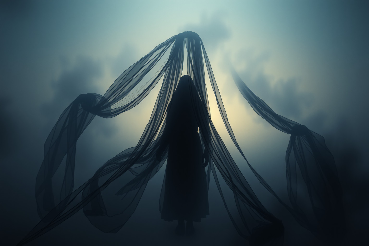 Il baldacchino nero simboleggia lutto e segreti nascosti profondi.