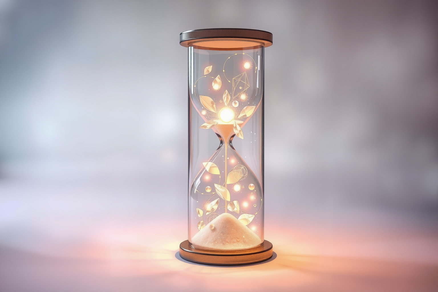 Una clessidra con oggetti insoliti rappresenta il tempo personale.