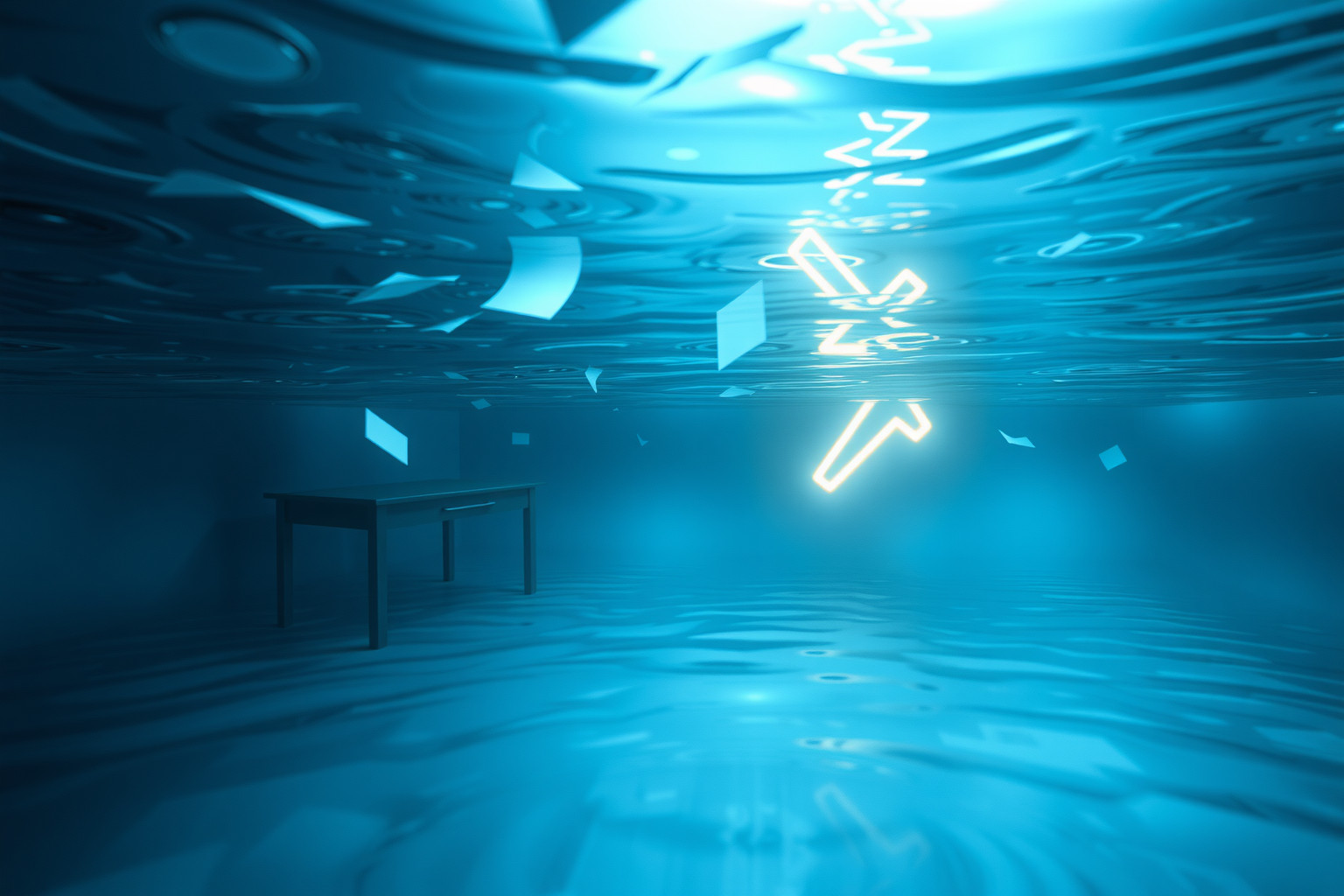 L'aula allagata simboleggia emozioni represse e bisogno di liberazione.