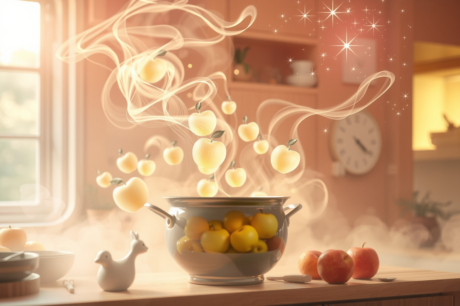 Sognare mele in cucina simboleggia trasformazione creativa e nutrizione interiore.