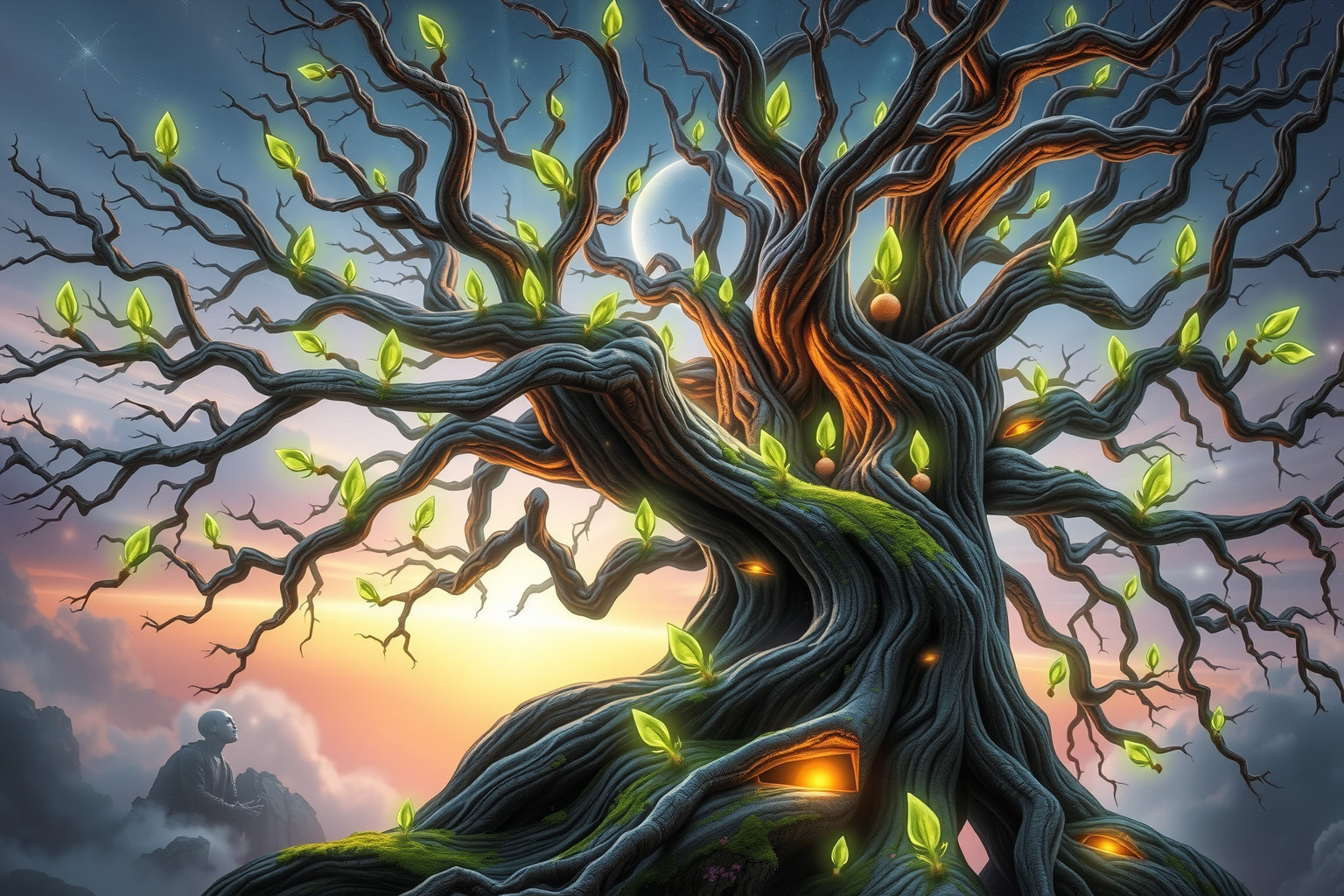 Sognare un albero secolare che germoglia simboleggia rinascita e speranza.