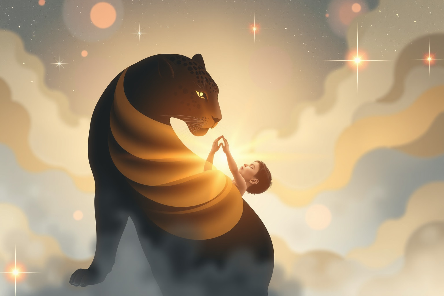 Sognare un giaguaro che protegge simboleggia sicurezza e istinto genitoriale.