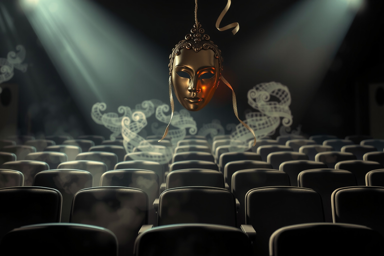 Sognare maschera teatro vuoto riflette solitudine e introspezione profonda.
