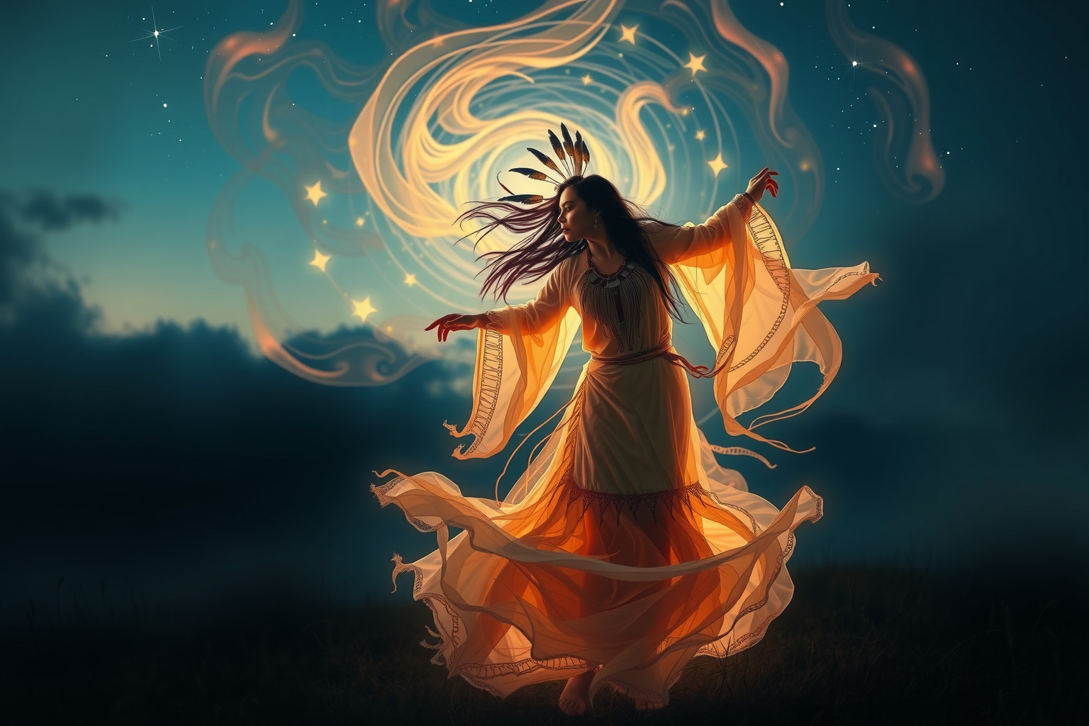 Sognare donna nativa americana danzante simboleggia armonia spirituale profonda.