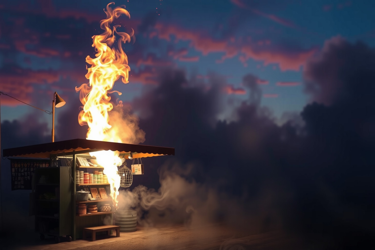 Sognare marketenderia in fiamme indica perdita di sicurezza emotiva.